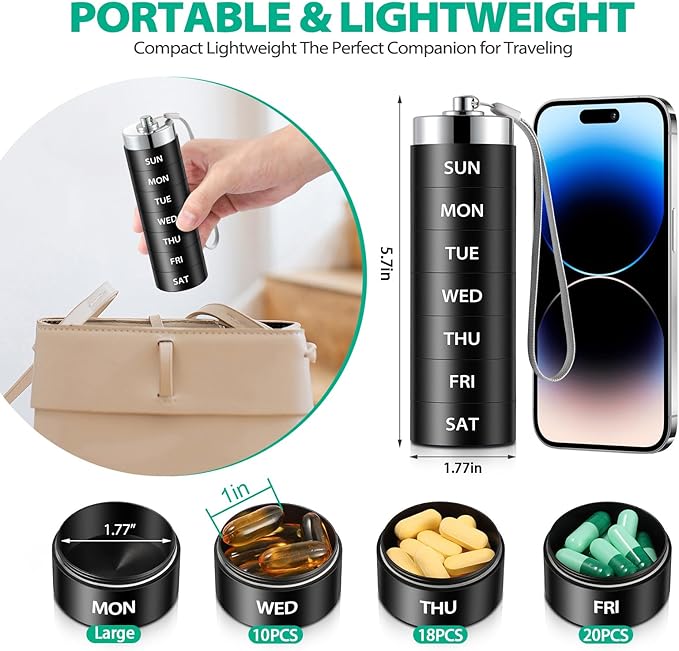 Metal Travel Pill Organizer, Large Weekly Pill Box, Portable Aluminum Alloy Waterproof Container, 7 Day Daily Medicine Organizer Holder for Vitamin, Fish Oil, Supplement, Black