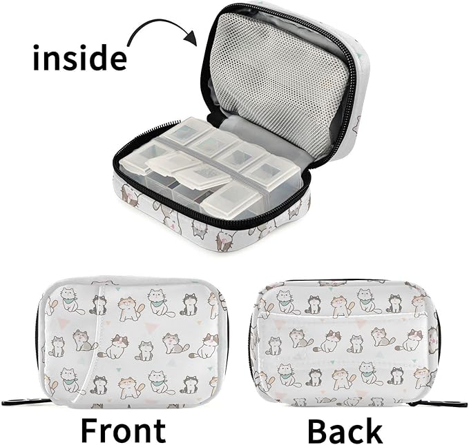 Pill Box Cute Cat 7 Day Pill Case Travel Pill Organizer Bag with Zipper Portable Weekly Vitamin Medicine Supplement Holder Pouch Bag