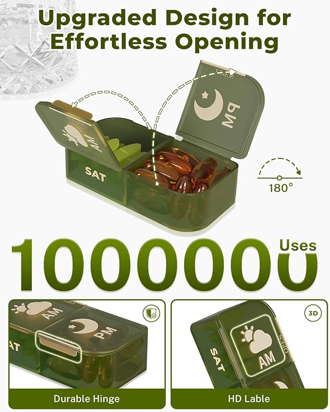 Weekly Pill Organizer 2 Times a Day, 7 Day AM/PM Pill Box, Portable Medication Dispenser with Child-Resistant Latch, BPA-Free, Travel, Office, Pets, Emergency Use (Green)