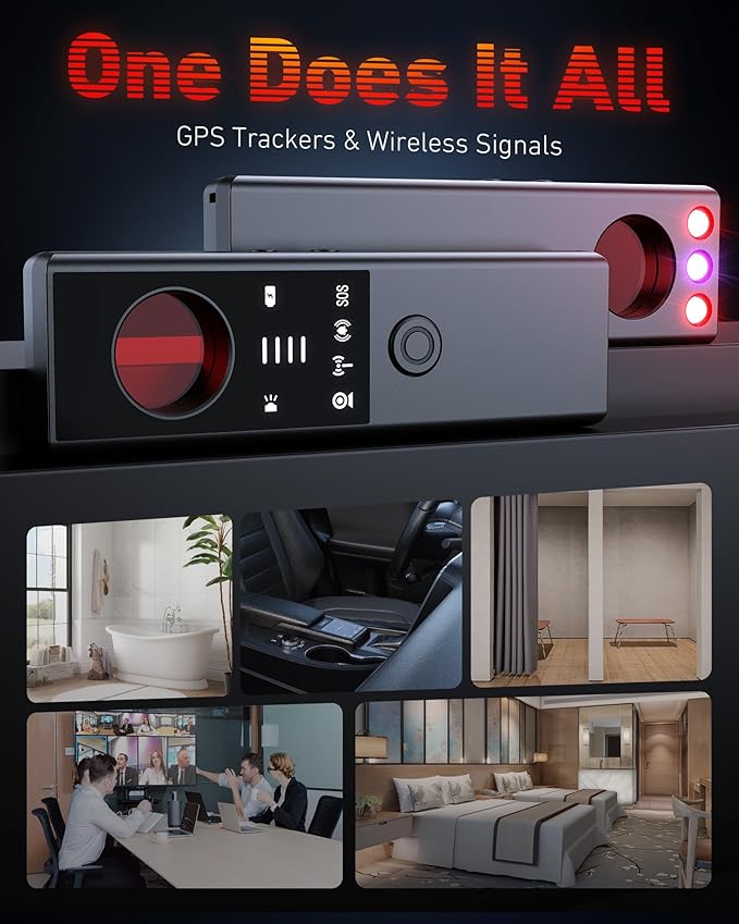 Anti-Spy Hidden Camera Detector - 6-in-1 GPS Tracker & Bug Detector, Signal Scanner, Rechargeable Privacy Protector for Solo Users/Hotel/Office/Home/Car with Intrusion Alert & SOS Flash Alert,Black