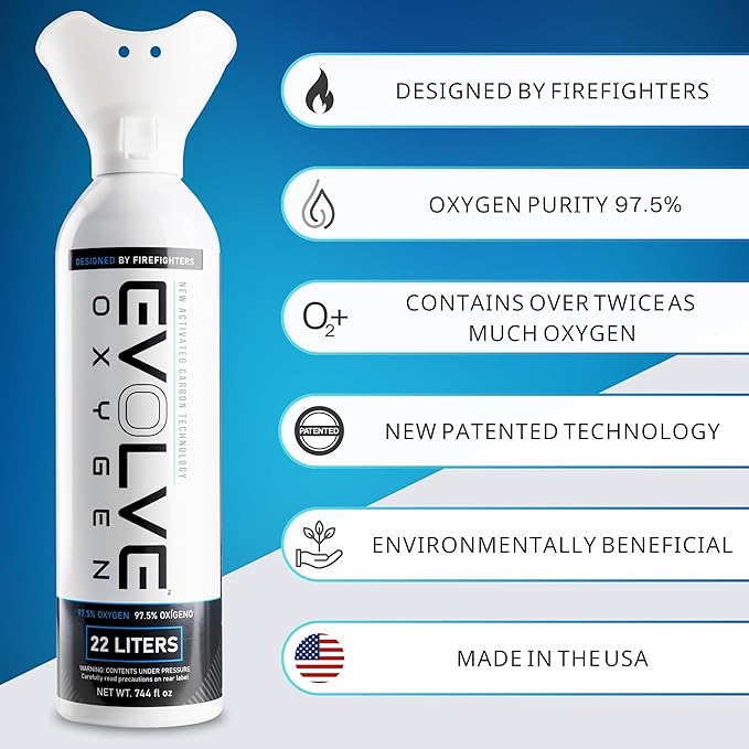 EVOLVE 22-Liter Pure Oxygen Canister with Breathing Cup | Portable Oxygen Can | Ideal for Home Use and Outdoor Activities | Designed by Firefighters | Made in The USA | Pack of 1