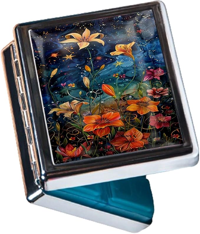 Cute Travel Pill Box Organizer with 8 Compartments - Compact and Fashionable Pill Case with Mirror - Ideal for Medications (Starry Flowers)