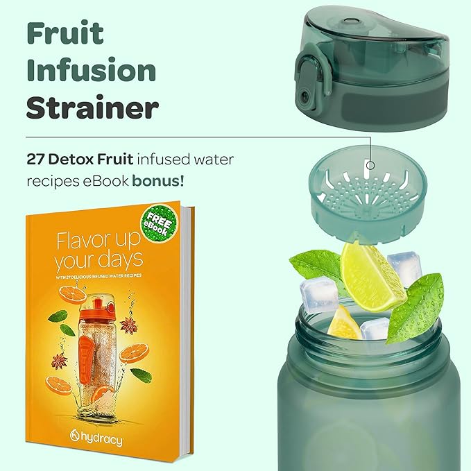 Hydracy Water Bottle with Time Marker -Large BPA Free Water Bottle & No Sweat Sleeve -Leak Proof Gym Bottle with Fruit Infuser Strainer & Times to Drink -Ideal for Fitness Sports & Outdoors