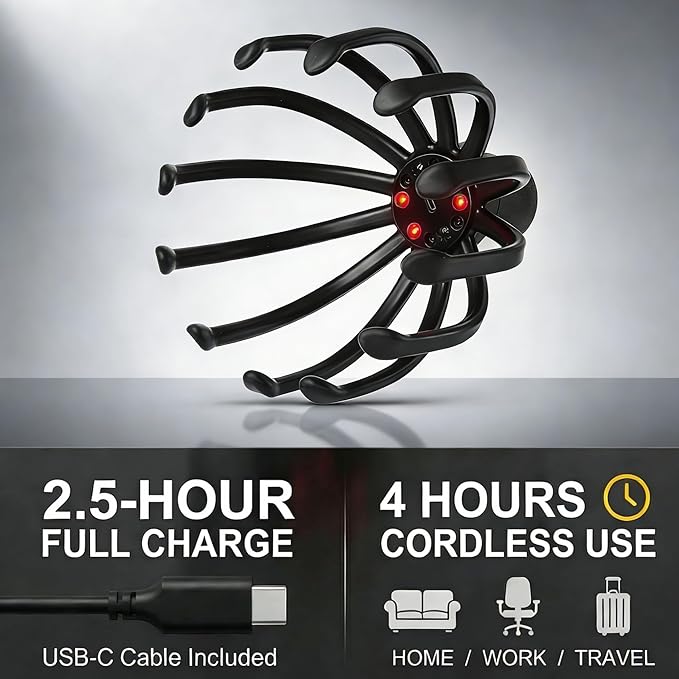 Electric Scalp Massager, Head Massager with 3 Modes, Deep Stress Relax, 360° Rotation Head Massager Scalp, Rechargeable Cordless Portable Automatic Head Scratcher, Home & Travel