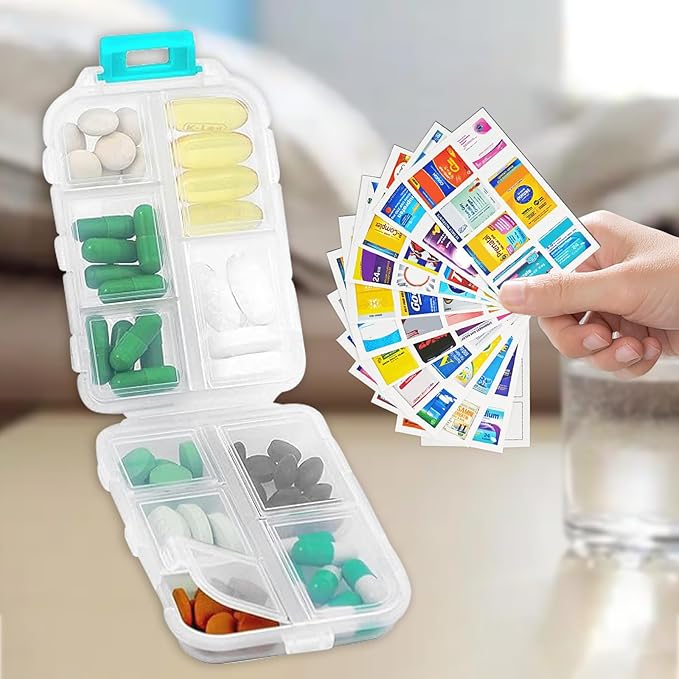4PCS 7-Day Pill Organizer with Labels – Compact Daily Medication Case | Travel-Sized (3.7" x 2.4") Secure Lock | AM/PM Compartments | Includes 300+ Common Medicines Vitamins Health Product Sticker