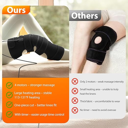 Extra-Large Heated Knee Massager with 4 Motor Vibration, Heating Pad Vibration for Pain Relief, Knee Brace Knee Wrap Adjustable 5 Massage Modes &3 Heated 12V Direct Plug Power Supply