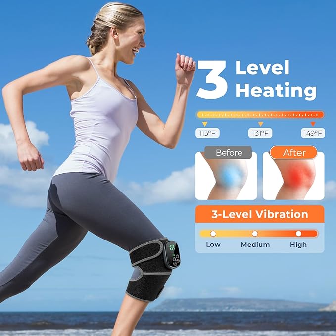 Cordless Heated Knee Massager, 3-in-1 Knee Heating Pad with Heat Vibration, Electric Heated Knee Brace with 3 Heat Levels and 3 Massage Modes &Timer, Gifts for Men Women (1 PCS)