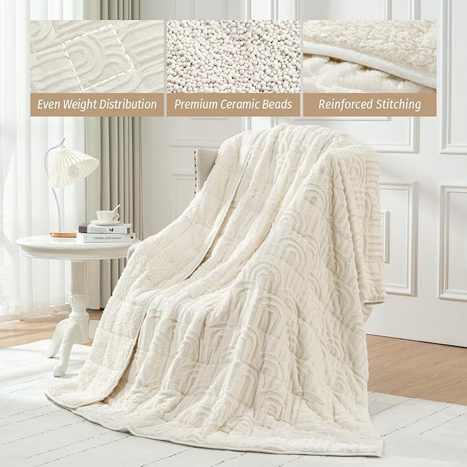 Wemore Jacquard Fleece Weighted Blanket King Size 80" x 87" 15lbs, Ultra Soft Cozy Sherpa Weighted Blankets for Adults, Ultra Fuzzy Heavy Blanket for Sleep, Fluffy Warm Throw for Bed, Cream White