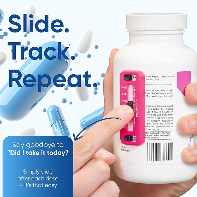 PillSavvy™ Daily Pill Tracker – Non-Digital, Reusable Medication Reminder for Bottles & Organizers – Easy to Use, Curved Back – Track Prescriptions, Vitamins, Supplements & Pet Meds (Pink, 2 Pack)