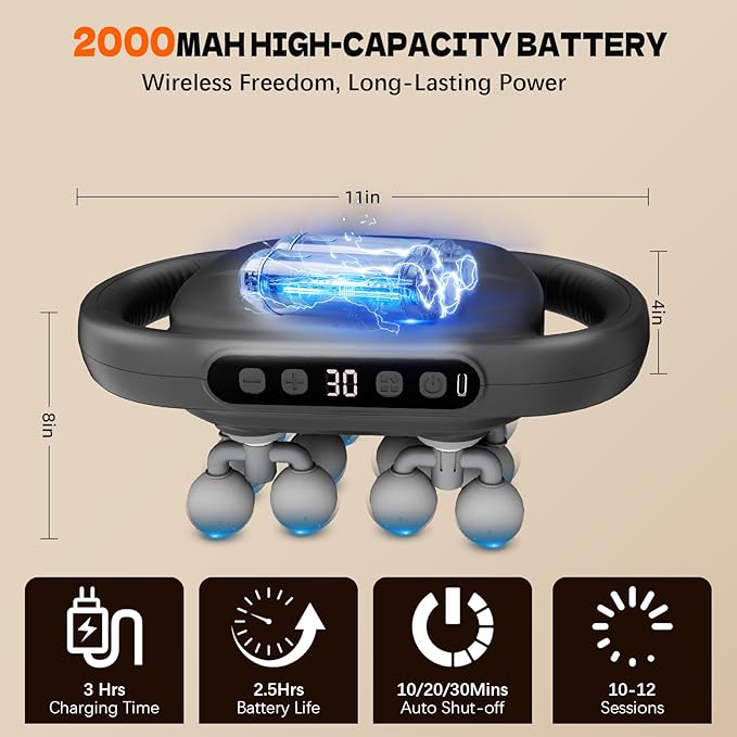 16 Head Massage Gun, Back Massager for Pain Relief, Massage Gun Deep Tissue, Time Adjustable Percussion Massager with 9 Modes 20 Intensities for Body, Shoulder, Neck, Legs, Foot, Gifts for Men/Women
