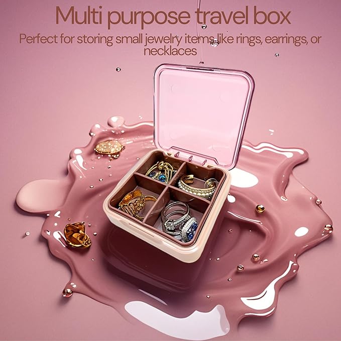 Pink- Small Pill Case with Silicone Pill Pouch, 4 Compartment Pill Organizer, Zipper Pill case, Small Pill Box for Purse, Sturdy Hinge, Multi Purpose, for Vitamins & Supplements, BPA Free