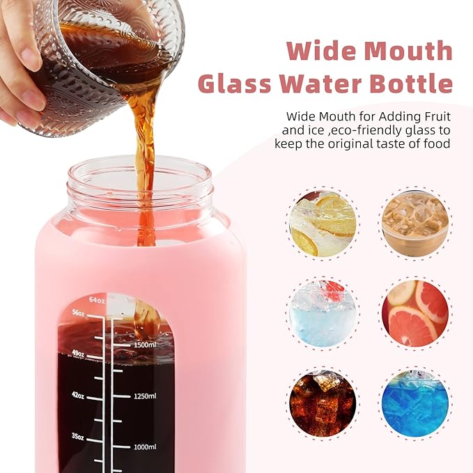 Glass Water Bottle with Straw and Handle Lid Half Gallon Motivational Glass Bottle with Silicone Sleeve and Time Marker Large Reusable Sports Water Jug for Gym Home Workout