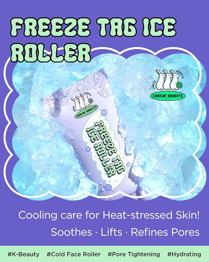 CHASIN' RABBITS Freeze Tag Ice Roller 1.69 fl.oz, Cold Face Roller, Pore Tightening, Skin Firming, Derma Roller, Stainless Steel Gua Sha Gel Serum, Hyaluronic Acid, Corn Mint Extract, Korean Skincare