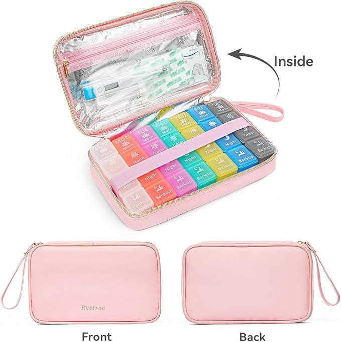 Restree Monthly Pill Organizer 28-Compartment Pill Case, 4 Times Daily Medication Container, Travel-Friendly Pill Box for Vitamins Supplements (Pink)