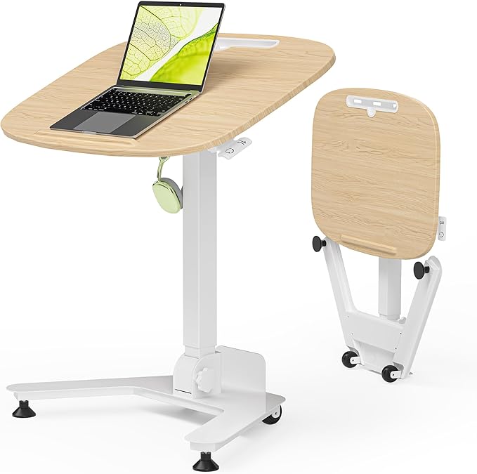 Folding Pneumatic Height Adjustable Mobile Standing Desk with 90° Tiltable Tabletop, 27.2x18.9 Inch Portable Laptop Desk with Wheels, Holds Up to 66.1lbs for Home Office, Study, Oak