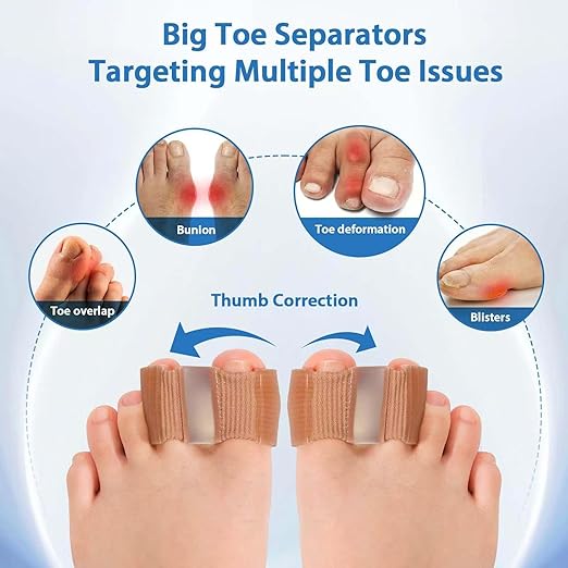 4-Pack Bunion Toe Separators for Overlapping Toes, 3-Point Support Gel Toe Spacers with 2 Fabric Lining Loops for Toe Protectors, Bunion Corrector for Women Men Big Toe (4 Pack, S)