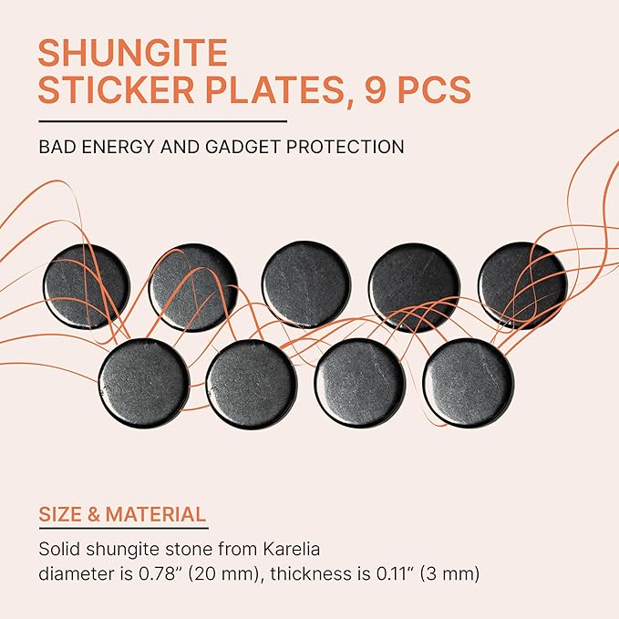 Protection Shungite Stickers 9 pcs for Cell Phone Case Tablet Laptop Computer | Polished Round Plates with Fullerenes | Authentic Shungite Stones Shield for Gadgets S569
