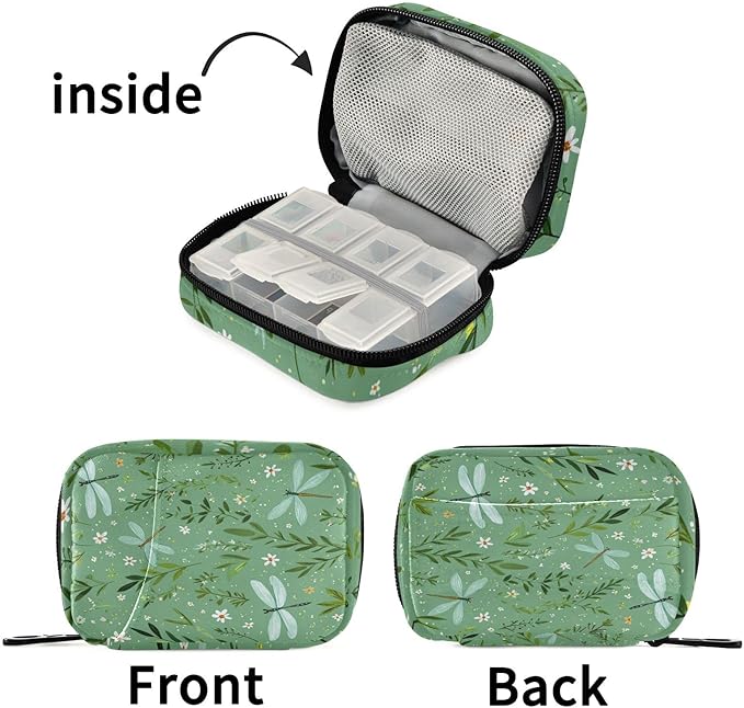 Pastoral Green Dragonflies Flowers Leaves Travel Pill Organizer Case Box Container Weekly Portable Vitamin Medicine Holder Storage Bag with Zipper Removable