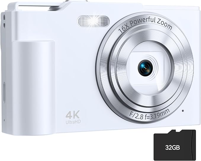 Digital Camera, FHD 4K Digital Point and Shoot Camera with 16X Zoom Anti Shake, 48MP Compact Small Camera with 32GB Card for Boys Girls Kids Snow White