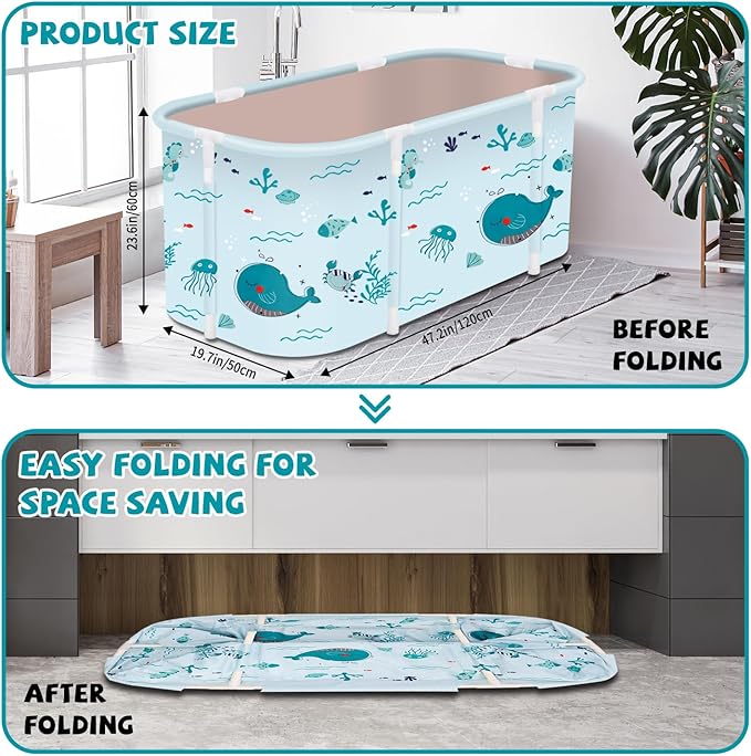 Portable Foldable Bathtub,Foldable Soaking Bathtub for Adults, Freestanding Bathtubs, Hot Bath Tub, Ice Bath, Family Bathroom SPA Tub 47.2x19.7x21.7inch (Fish)