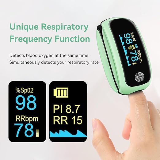 Pulse Oximeter, Rechargeable Fingertip Pulse Oximeter, pulse oximeter with respiration, respiration rate monitor, oximeter finger with pulse ox for Sports Aviation Use Only green
