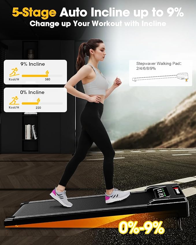 3HP Walking Pad Treadmill with 9% 5-Level Auto Incline, 360 lbs Capacity & Big LED Screen Under Desk Treadmill with Hike/Jog/Run Mode, Compact Treadmills for Home Small/Office,Assembly Free,Wider Belt