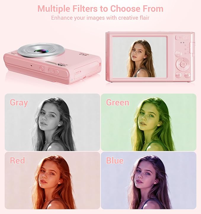 Digital Camera,Upgraded FHD 4K Pink Digital Camera for Teens Girls,Compact Digital Cameras with 64GB Memory Card,2 Batteries,Small Camera with 16X Autofocus Digital Zoom for Vlogging