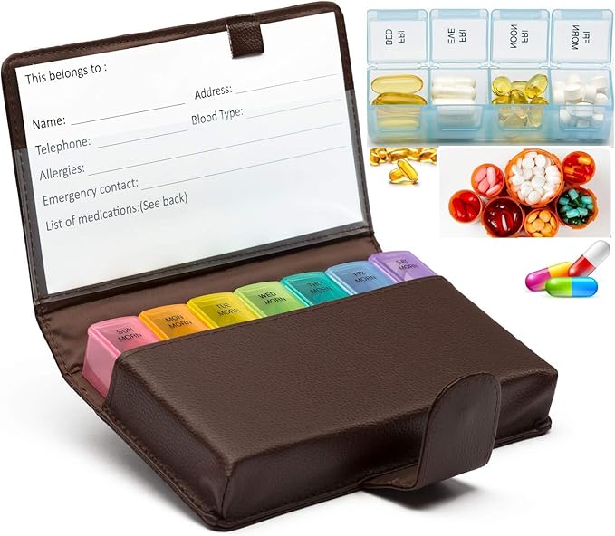 Deeper and Larger Compartments Daily Pill Organizer AM PM Medicine Pill Box 7-Day Weekly Holder Zzteck PU Leather Trave Case Day Night Large Medication Reminder Dispenser Vitamin Holder Container (BN)