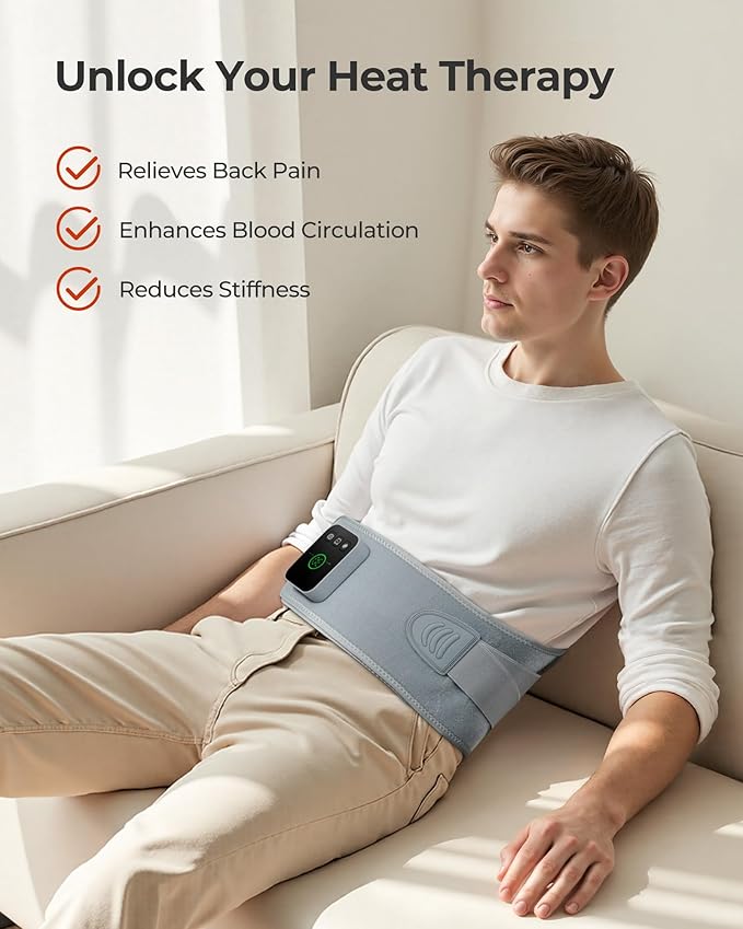 Cordless Portable Heating Pad with Massager, Lower Back Pain Relief, Wearable for Period Cramps, 3 Heat/3 Vibration/3 Timer, Rechargeable Auto-Off, Birthday Gifts for Dad Mom Men Women