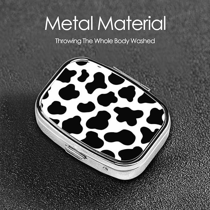 Animal Cow White Black Spot Print Square Metal Pill Box with 2 Compartment for Pocket or Purse Travel Bag Small Size 2.2 inche