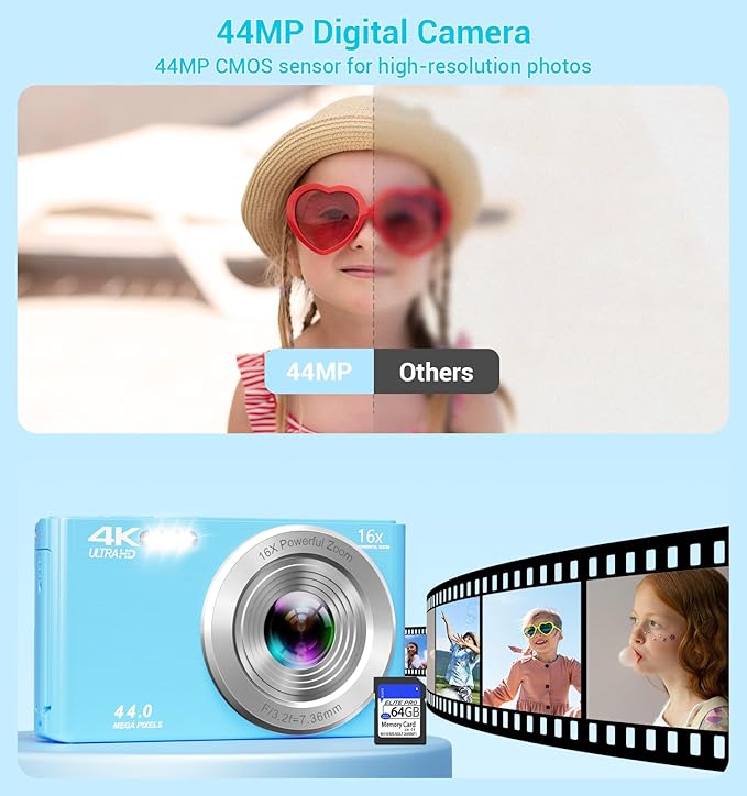 Digital Camera 4K, Autofocus Digital Compact Digital Camera,16X Digital Zoom Upgraded Travel Camera with 64GB SD Card,2 Batteries,Small Camera for Teens Kids Boys Girls,Blue
