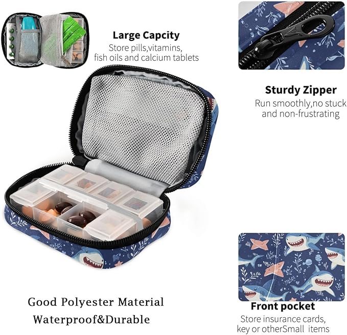 Fustylead Cute Cartoon Sharks and Seaweed Travel Pill Organizer Case Zipper for Purse with Removable Weekly Pill Box for Medicine, Vitamin, Supplement Medicine Organizer