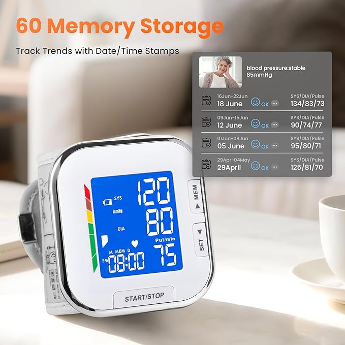 Blood Pressure Monitor Adjustable Wrist Cuff LCD Backlit Display BP Machine for Home Use Stores Up to 60 Readings Batteries Included with Carrying Case, White