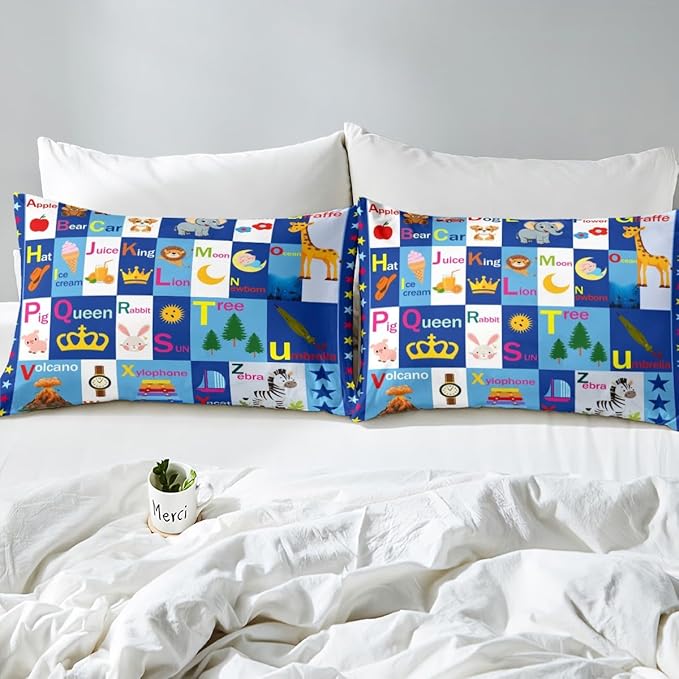 Feelyou Kids ABC Alphabet Bed Sheet Set Full Size, Educational Fitted Sheet Boys Girls Learning Bedding Set Teens Bedroom Decor with 2 Pillow Case (No Flat Sheet)