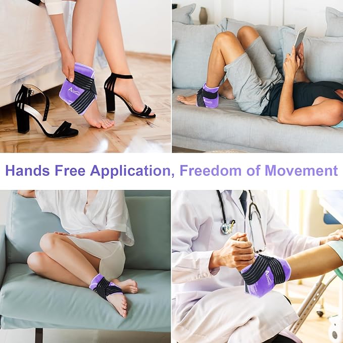 Atsuwell Ankle Ice Pack Wrap, Reusable Gel Ice Cold Packs for Ankle Foot Heel, Foot Ice Wrap with Soft Plush Lining, Cold Compress Therapy for Soothing Discomfort, Purple