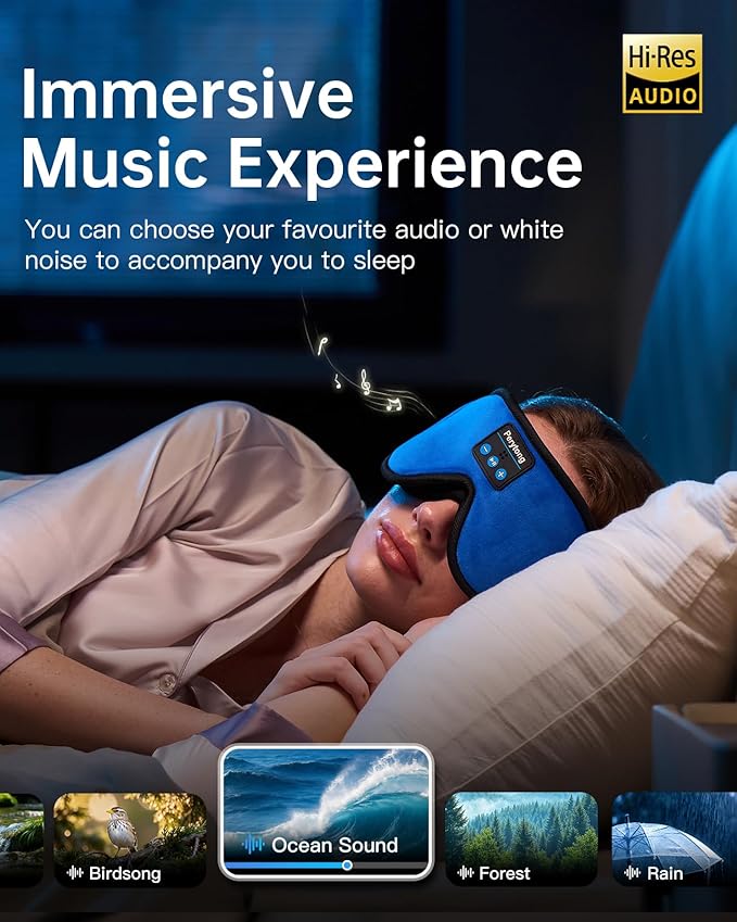 Sleep Mask with Bluetooth 5.4 Headphones, Wireless Music Sleep Eye Mask for Side Sleepers, 3D Contoured Comfort & Built-in HD Stereo Earphones, Blackout for Travel (Bright Blue)