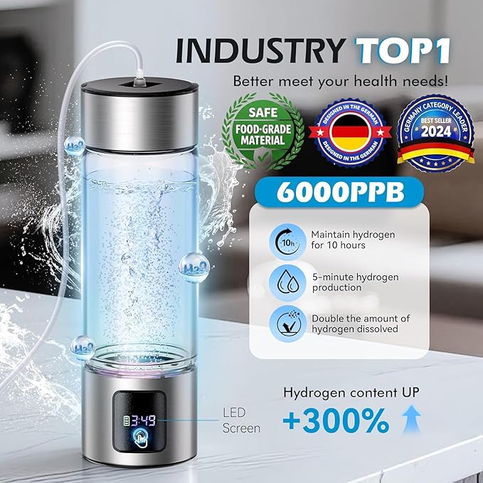 Upgrade 3-in-1 Hydrogen Water Bottle with Display - Industry TOP - 24-Hour Hydrogen Lock | 0 Chlorine & 0 Ozone | 100% Leak-Proof Seal, Hydrogen Water Bottle Generator with Hydrogen Straw