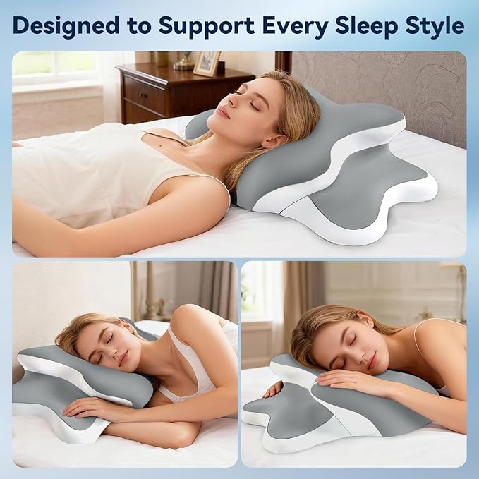 Sleep Apnea Pillow with Neck Pain & Snoring Relief -Orthopedic Cervical Pillow, Ergonomic Contour Memory Foam for Side, Back,Stomach Sleepers, Medium Firm Support(Grey, Queen Size)