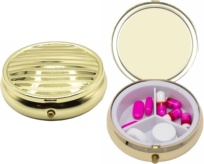 Set of 2 Circular Embossed Triple-Compartment Pocket Purse Pill Box & Organizer (Gold Lines)