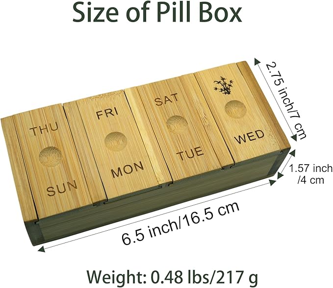 7-Day Bamboo Weekly Pill Organizer for Medicine Supplement, Arthritis Friendly Wood Pill Case Box for Vitamin, Daily Portable Travel Pill Holder Dispenser Container Keeper