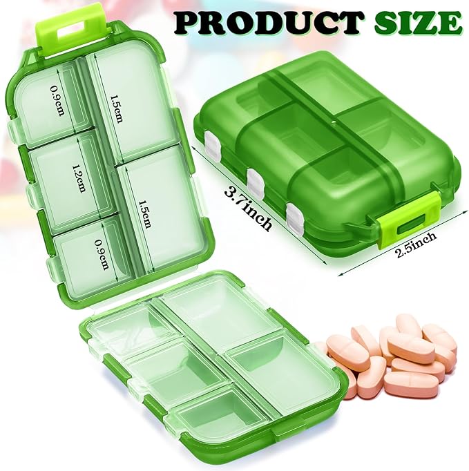 Meekoo 8 Pcs Travel Pill Organizer Pocket Portable Pill Case Daily Container Small Container Medicine Travel with 10 Compartments for Purse Fish Oil Medicine(Green)