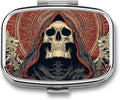 Metal Pill Organizer – 2-Compartment Pocket Pill Box for Vitamins, Supplements, Medications – Compact Travel Case (Reaper Skull with Sacred Halo)