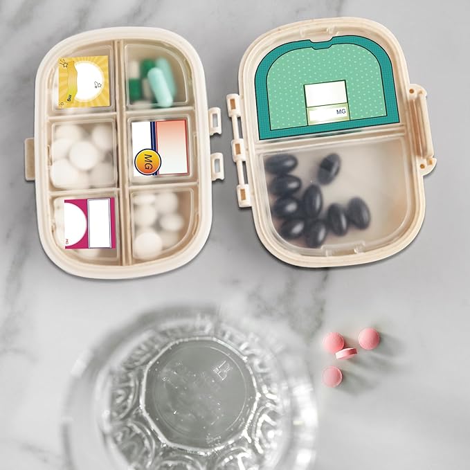 1Pack Travel Pill Organizer & 56 Medicine Name Stickers, 8 Compartments Portable Pill Case, Small Pill Box for Pocket Purse Portable Medicine Vitamin Container (Beige with Stickers)