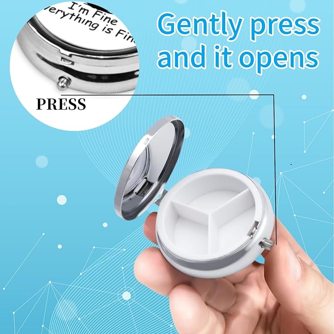 3 Compartment Travel Pill Case, Sealed Portable Pill Container Mini Size Metal Pill Box for Pocket Purse, Three Times a Day Pill Organizer for Men, Women and Children - Everything is Fine