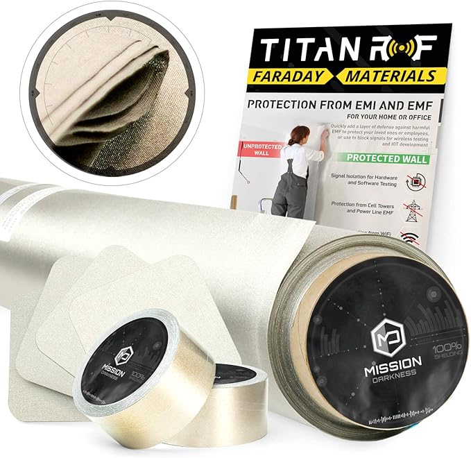 Mission Darkness TitanRF Faraday Fabric Pro Construction Kit 20 Yards // 44" W x 60'L Fabric + 20'L Tape Military Grade Conductive Material Blocks RF Signals, WiFi, Cell, Bluetooth, RFID, EMF