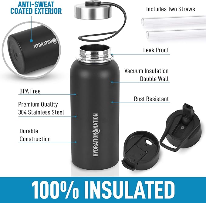 Hydration Nation 3 Lid Multi-Size Vacuum Insulated Water Bottles with Straw - Metal Water Bottle For Sports & Outdoor - Thermo Stainless Steel Water Bottle - Perfect for Hot & Cold Drinks (Black)