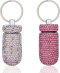GOUWEIBA 2 Pieces Bling Pill Container Portable Pill Bottle Case Waterproof Travel Medicine Box Crystal Diamond Mini Pill Holder Storage with Keychain for Outdoor Camping Traveling (Pink, Silver)