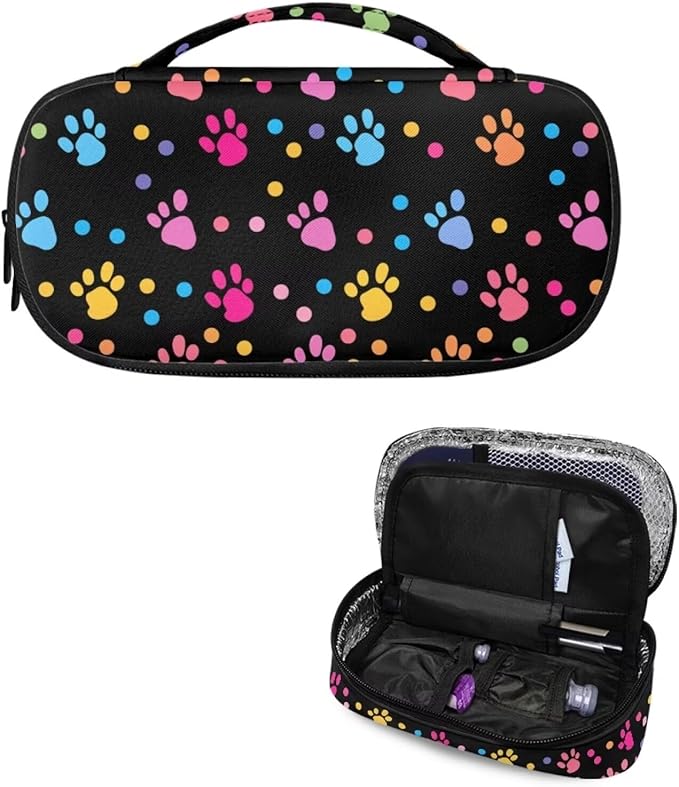 Colorful Dog Paw Insulin Cooler Travel Case Insulated Diabetic Medication Organizer Carrying Bag with Extra Pouch for Insulin Pen and Other Diabetic Supplies, Blood Glucose Monitors