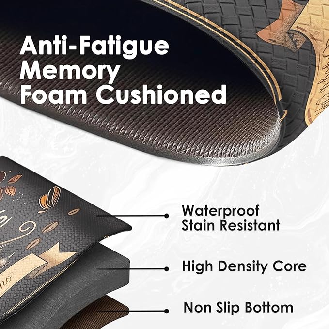 Arttown Coffee Latte Anti-Fatigue Kitchen Rug Set of 2 Brown Black Farmhouse Vintage Cushioned Floor Standing Mat Waterproof Non-Slip Kitchen Mat and PVC Ergonomic Comfort Foam Rug