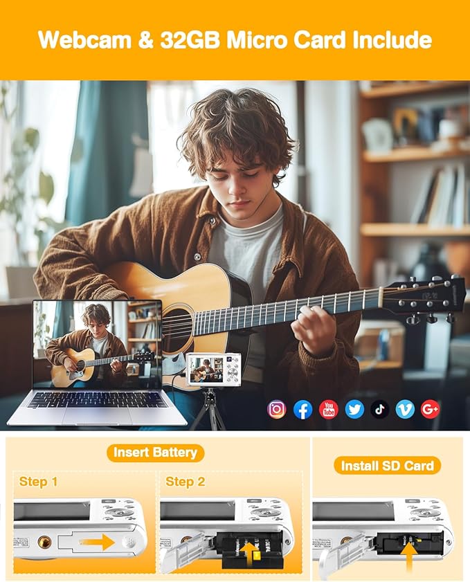 4K Digital Camera for Photography, 48MP Dual Cameras for Photography, 16X Digital Zoom Point and Shoot Cameras with 32GB Card & 2 Batteries Camera for Boys Girls Kids - White